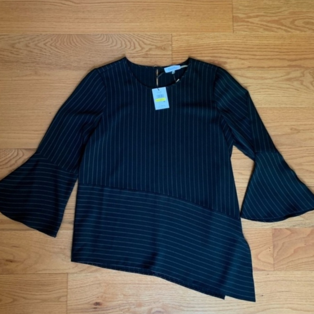 Calvin Klein Black Asymmetrical Bell Sleeve Blouse NWOT